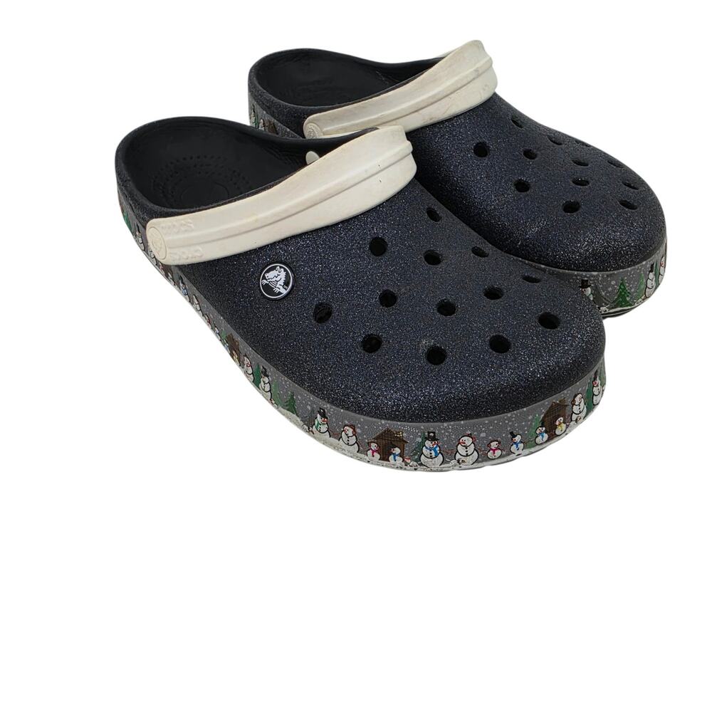 Crocs Limited Edition Unisex Black Glitter Holiday Snowman Clogs Size W9/M7